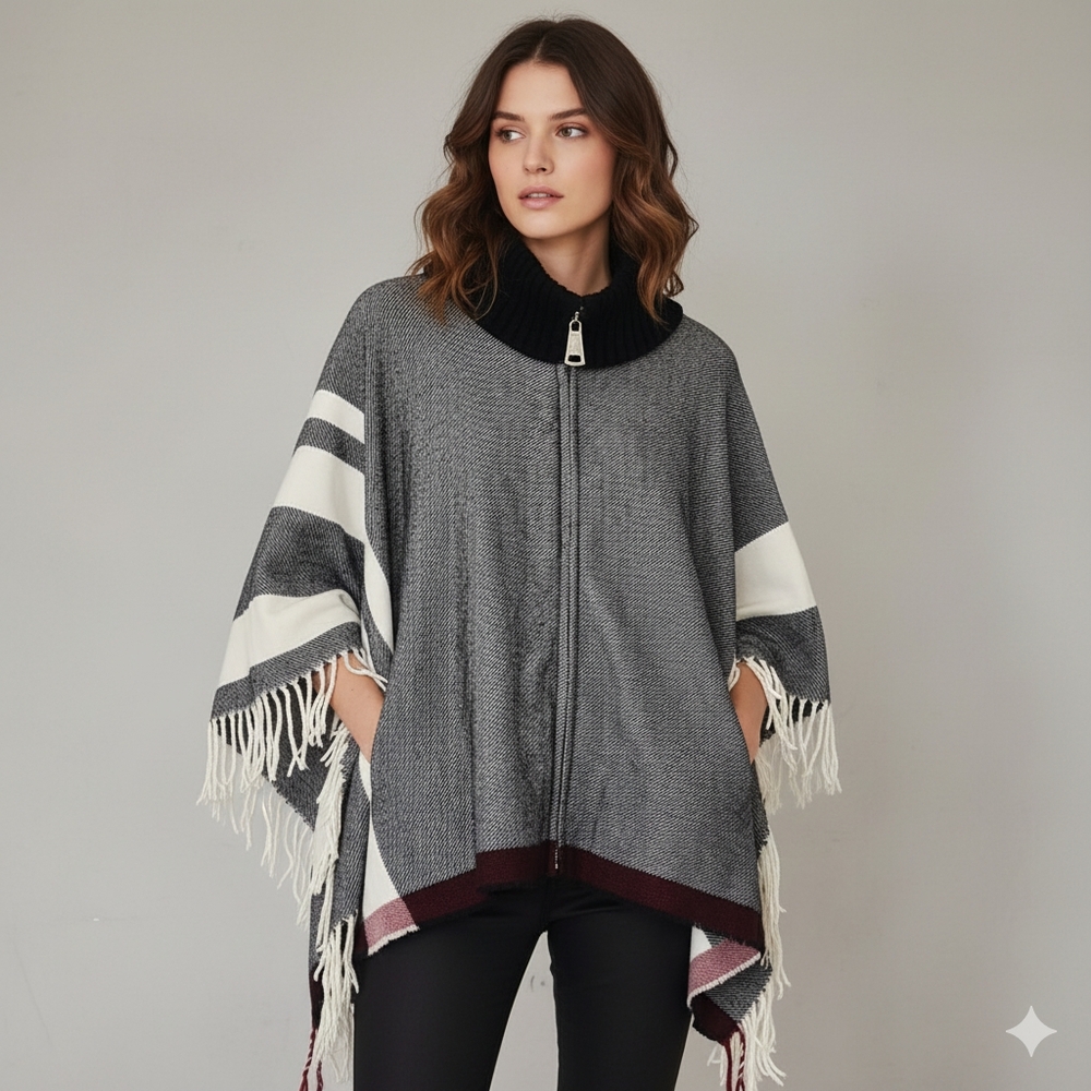 Turtleneck Plaid Fringe Shawl Sweater poncho zip up